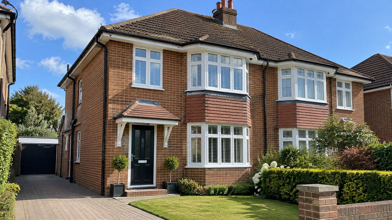 Red-brick Hampshire semi-detached house with new black uPVC guttering and white fascias