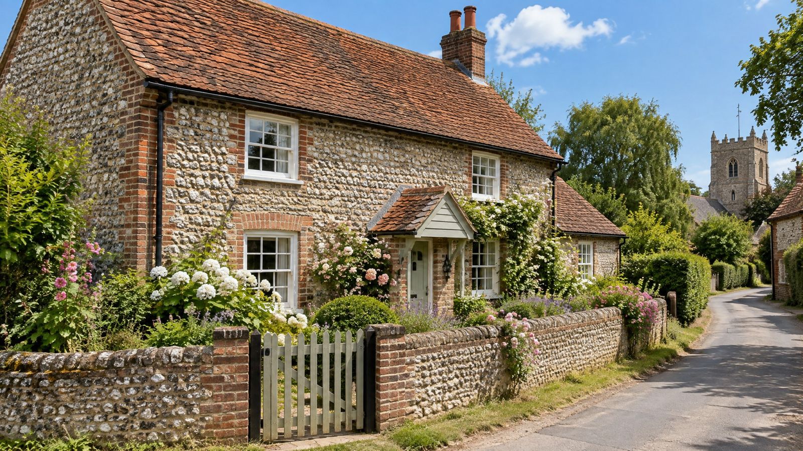 Traditional Hampshire brick and flint village cottage with black gutters and downpipes