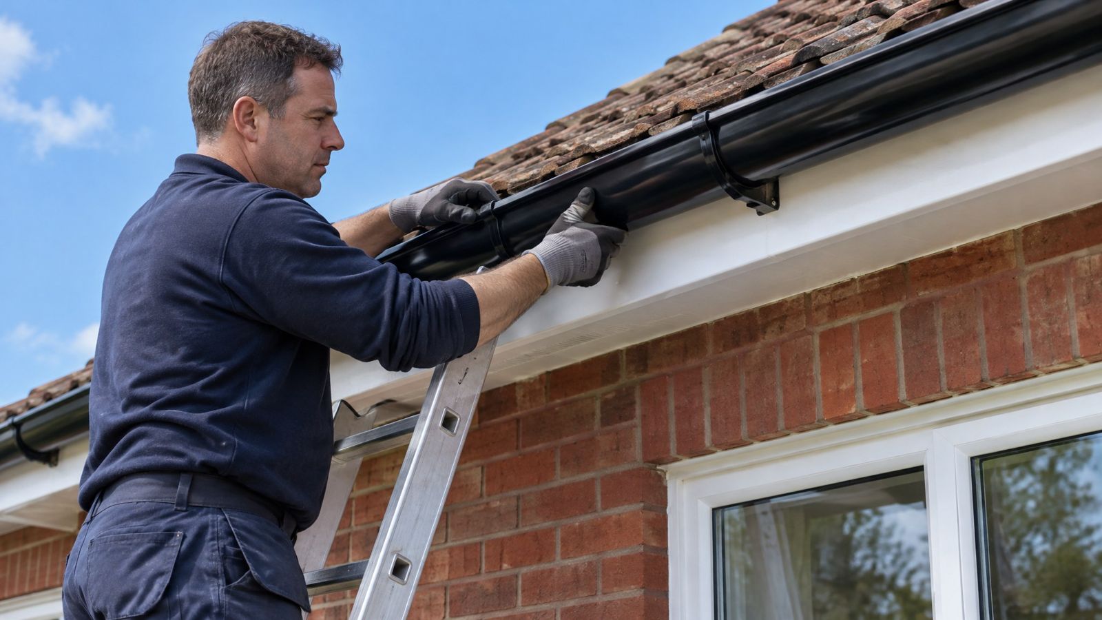 Gutter installer fitting new black guttering to a brick house in Hampshire