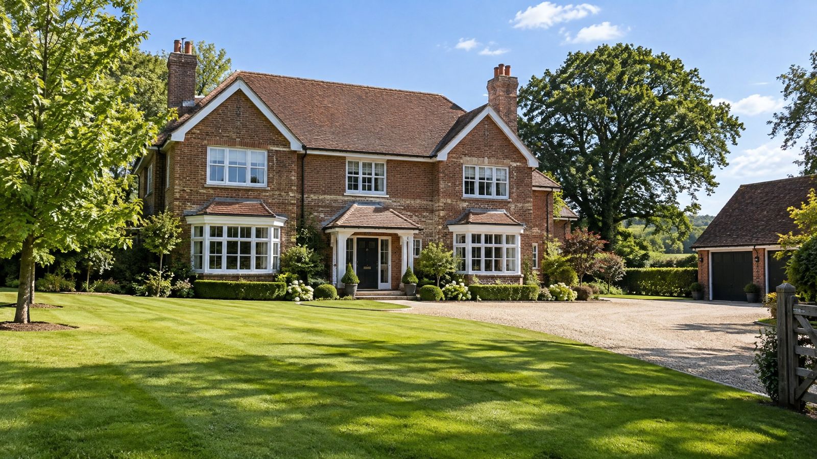 Large detached English house with white soffits and black seamless gutters